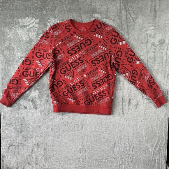 Guess Sweatshirt Womens Medium Red Crewneck Sweater Logo MCMLXXXI Pullover - Picture 1 of 7